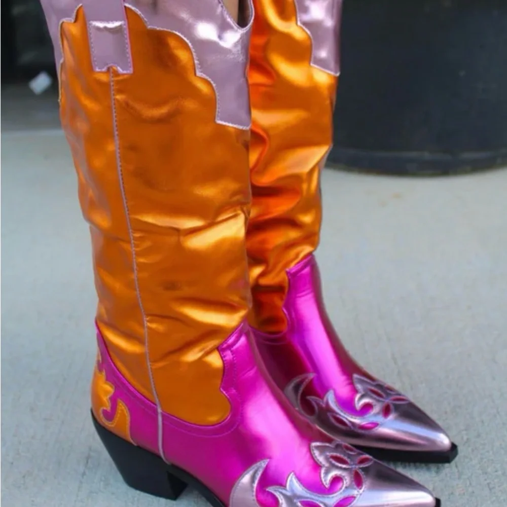 AKIRA Metallic Pink and Gold Over-the-Knee Western Boots